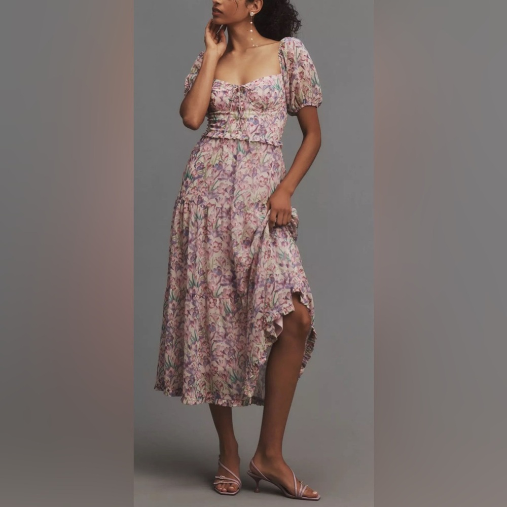 Astr Floral Puff-Sleeve Midi Dress in Pink and Lavender